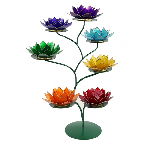 Chakra Lotus-Teelichthalter-Baum / Display für 7 Lotus-Kerzenhaltern dunkelgrün lackiert