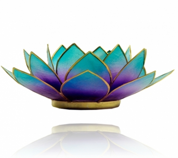 Teelichthalter Chakra Lotus Licht Capiz in 2 Farben: Violet/blau - mit Rand goldfarbig